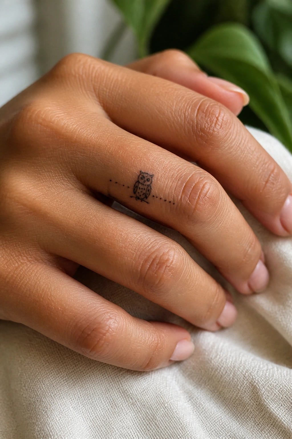 Hand with black owl tattoo and dotted lines on ring finger over white fabric.