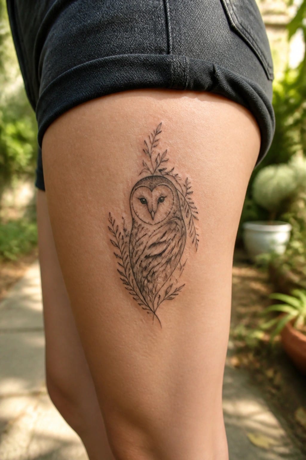 Owl tattoo with leafy branches on thigh under black denim shorts outdoors