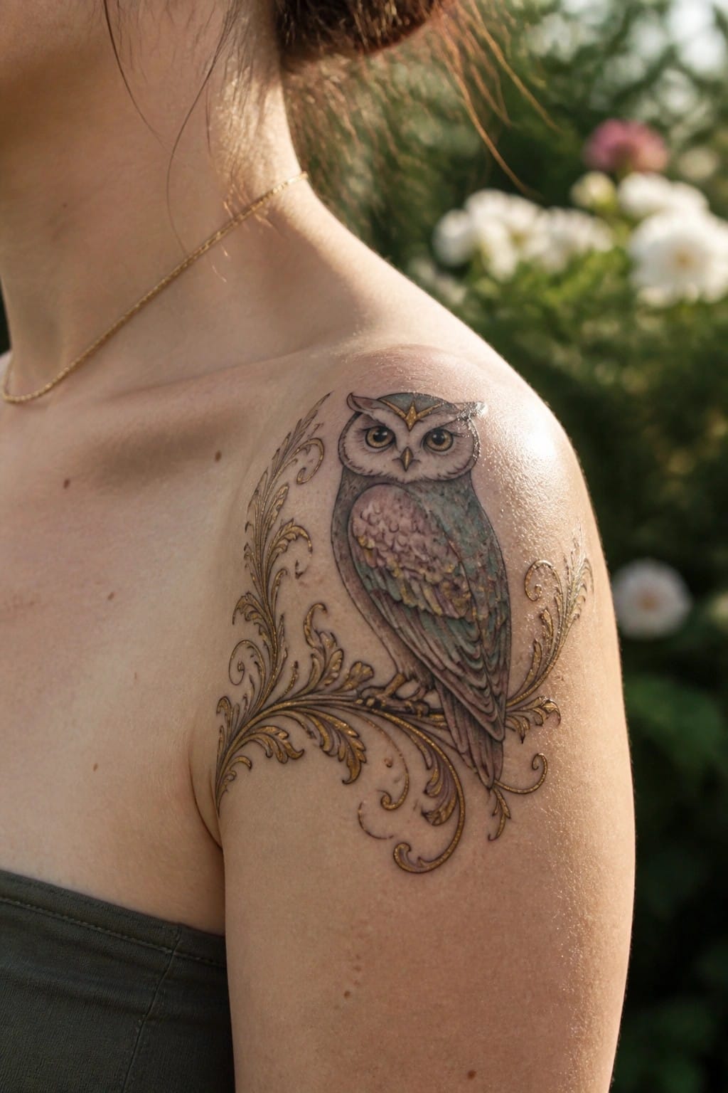 Woman's shoulder with a medium sized owl tattoo and gold ornate swirls extending around it