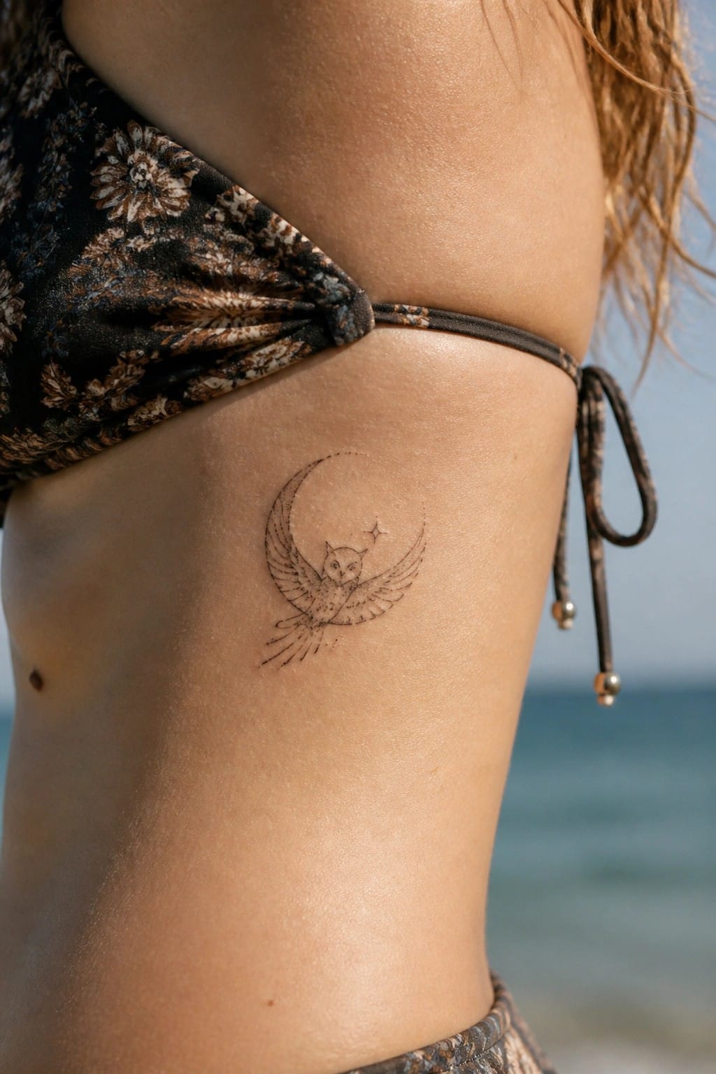 Owl and crescent moon tattoo on woman's sandy shoulder by the ocean