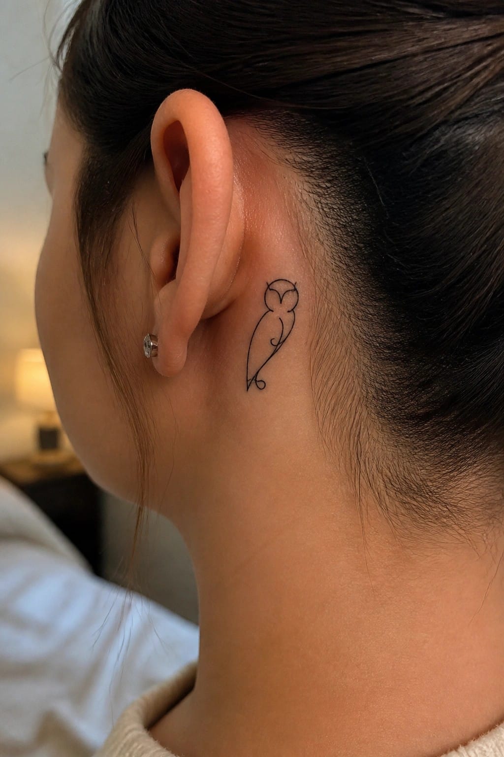Owl line tattoo behind a person's ear with dark hair and small earring.