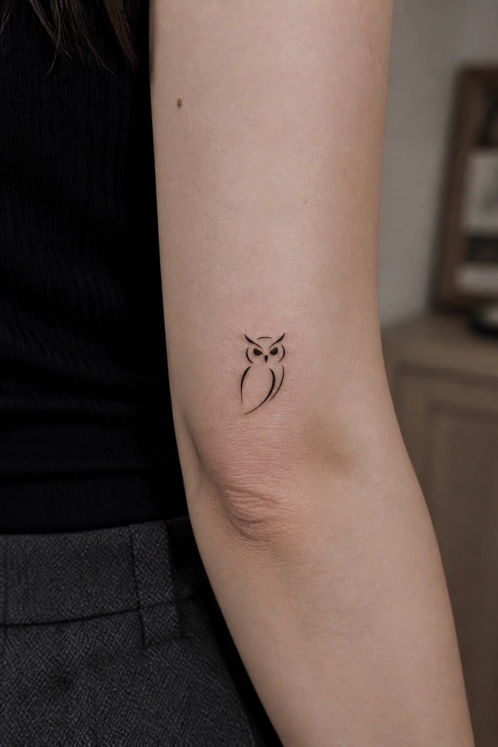 Small owl tattoo on inner forearm beside black top and gray pants.