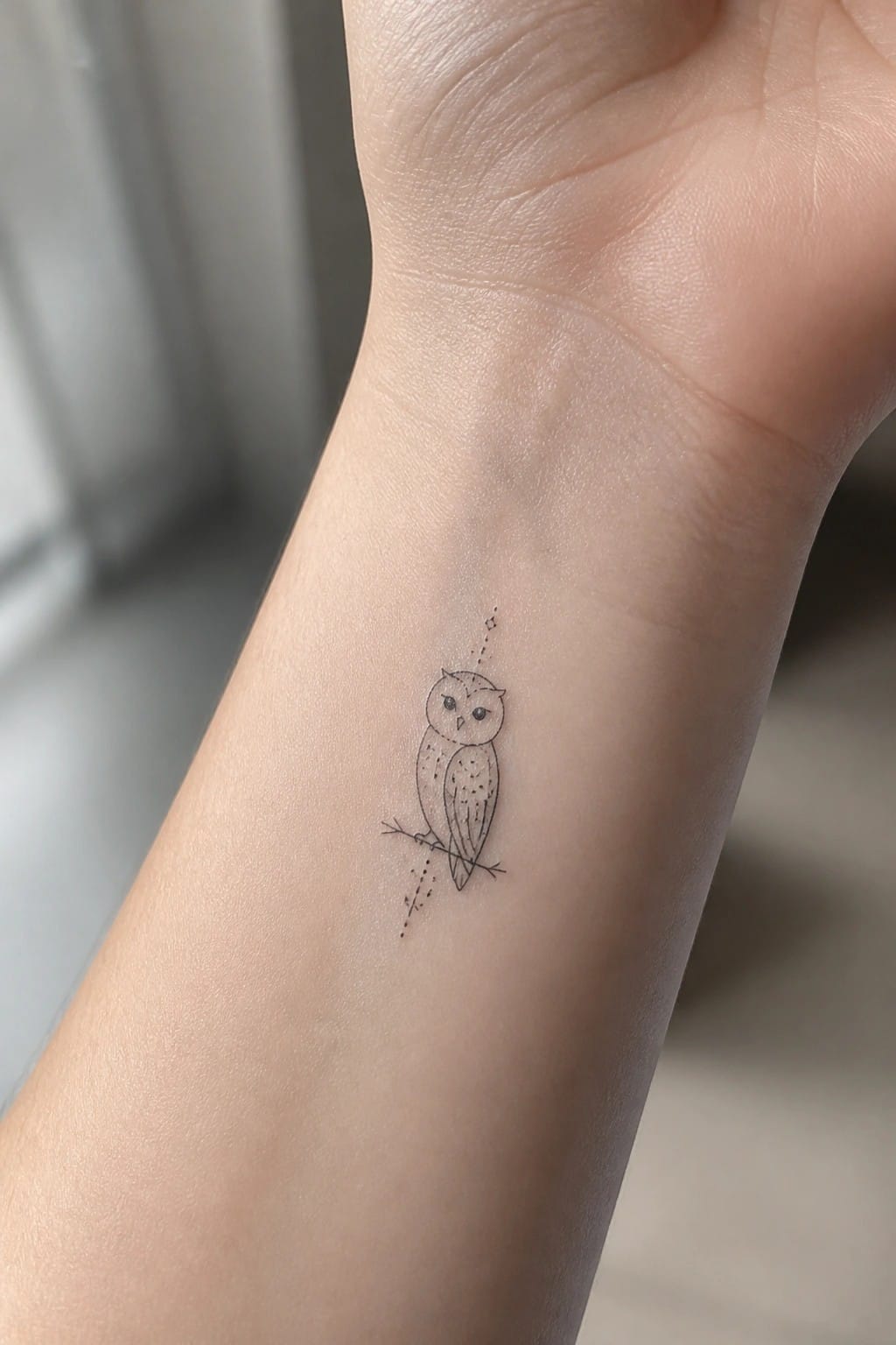 Minimalist black owl tattoo on wrist with dotted lines and stars.