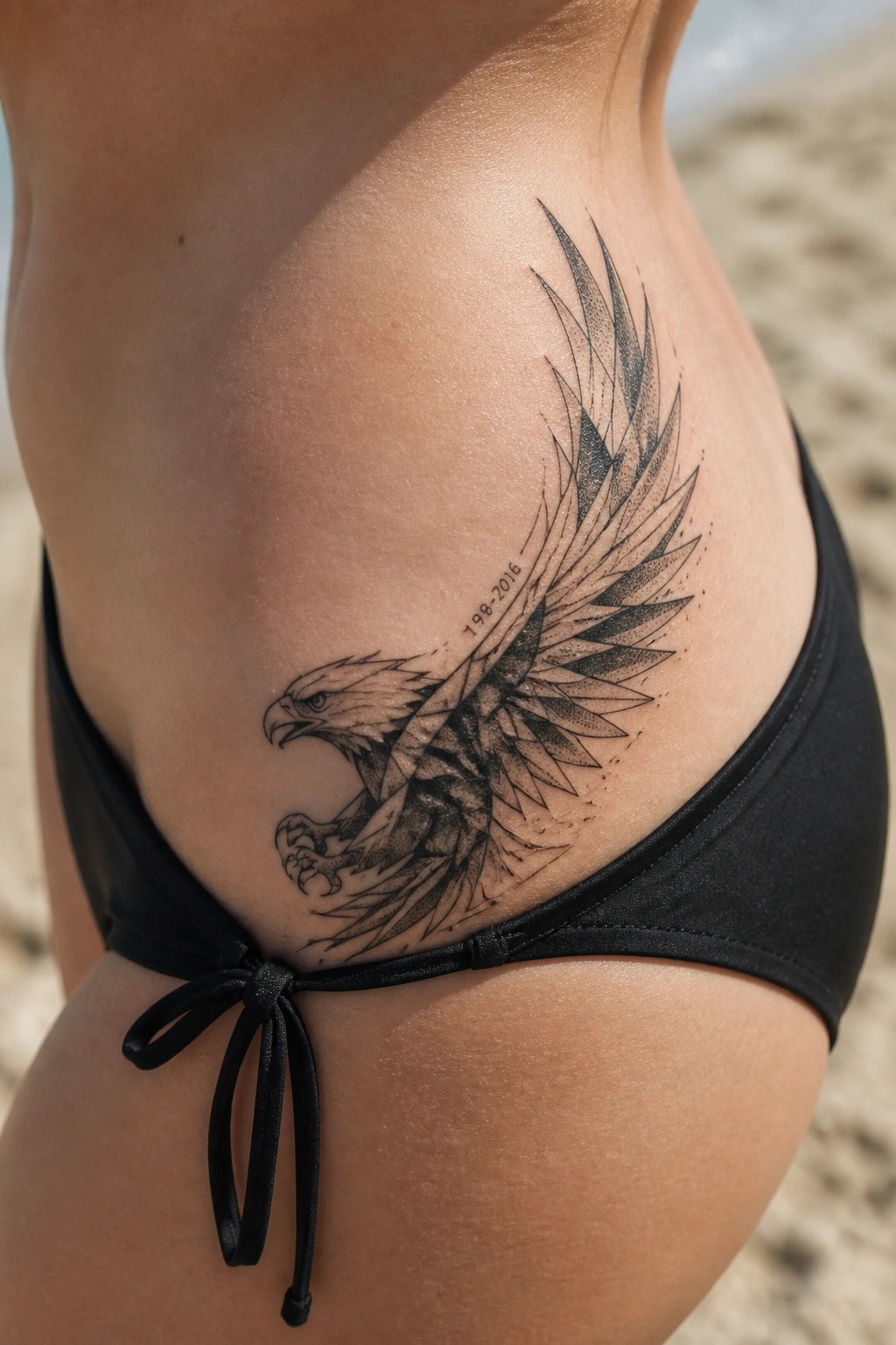 Large black eagle tattoo on hip above black bikini tie on beach