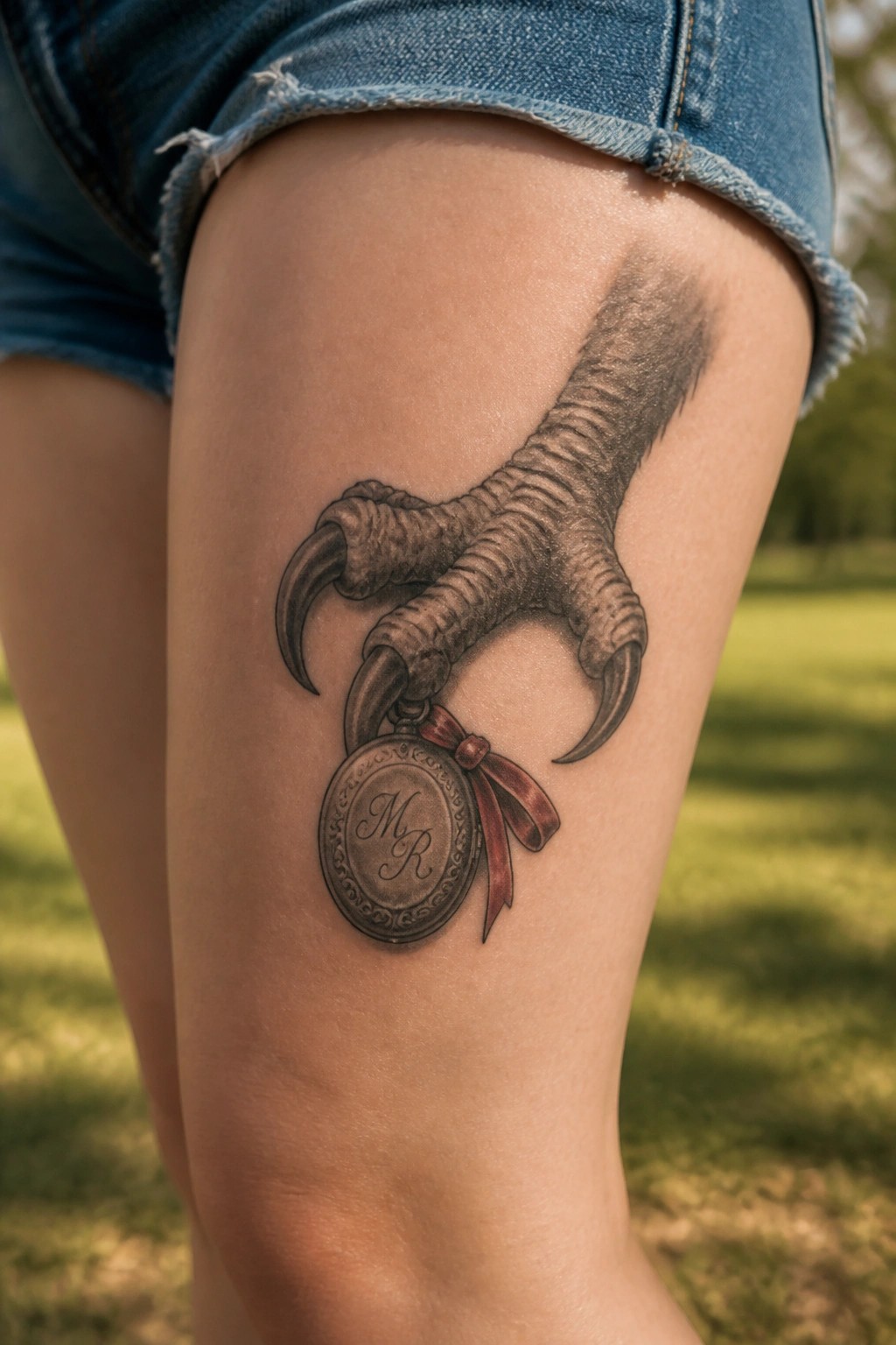 Bird claw tattoo clutching 'MR' locket with red ribbon on thigh