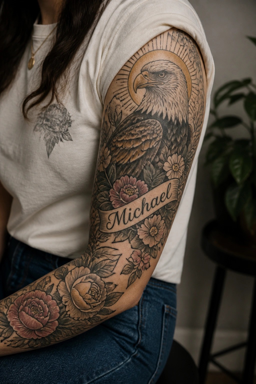 Large eagle tattoo on a woman's upper arm with floral elements and a banner reading Michael