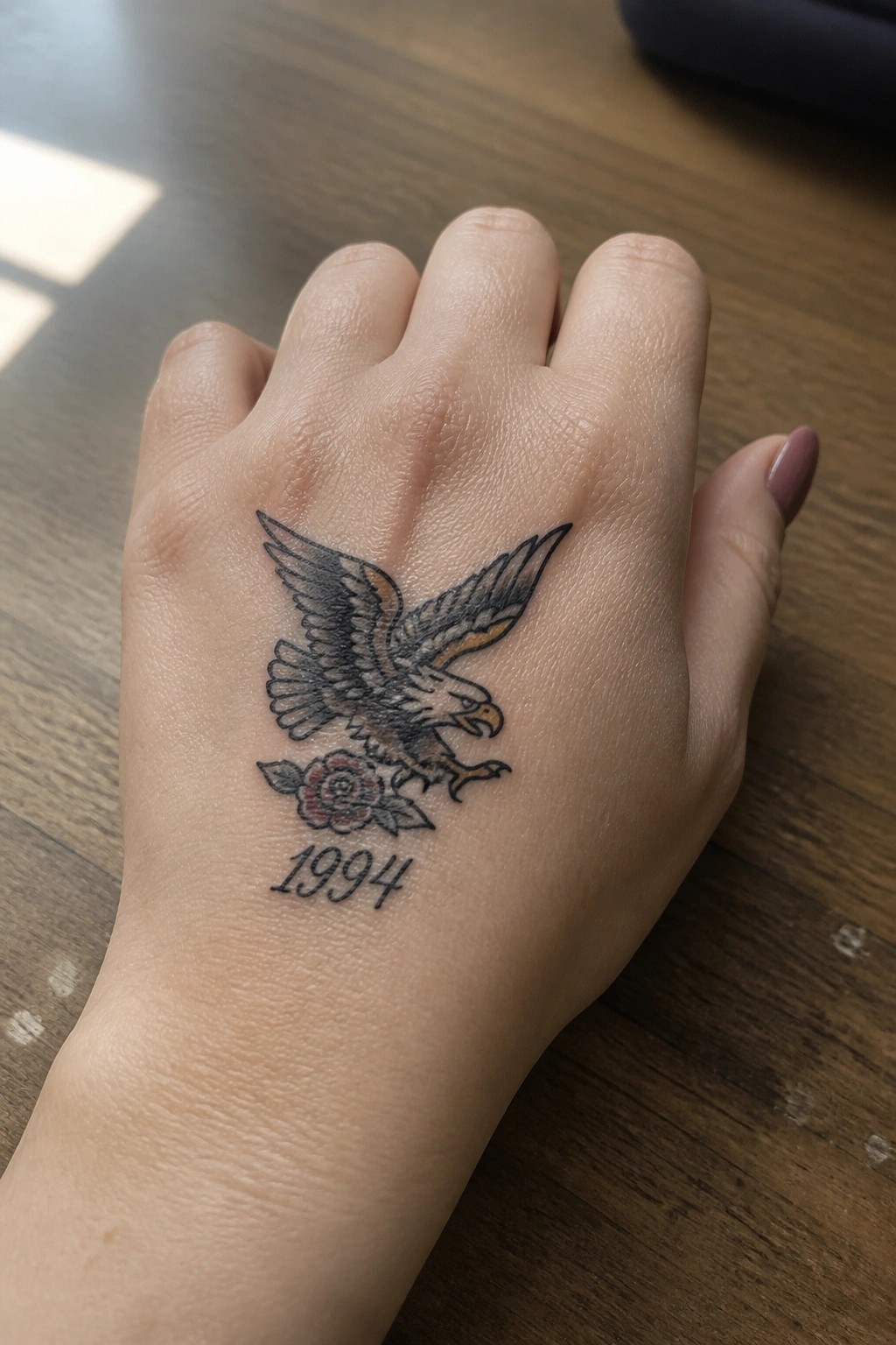 Traditional eagle tattoo with a rose and the year 1994 on the back of a hand