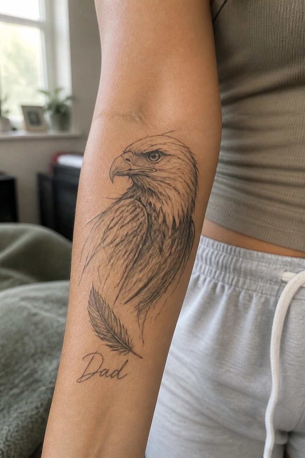 Detailed eagle tattoo on forearm with feather and