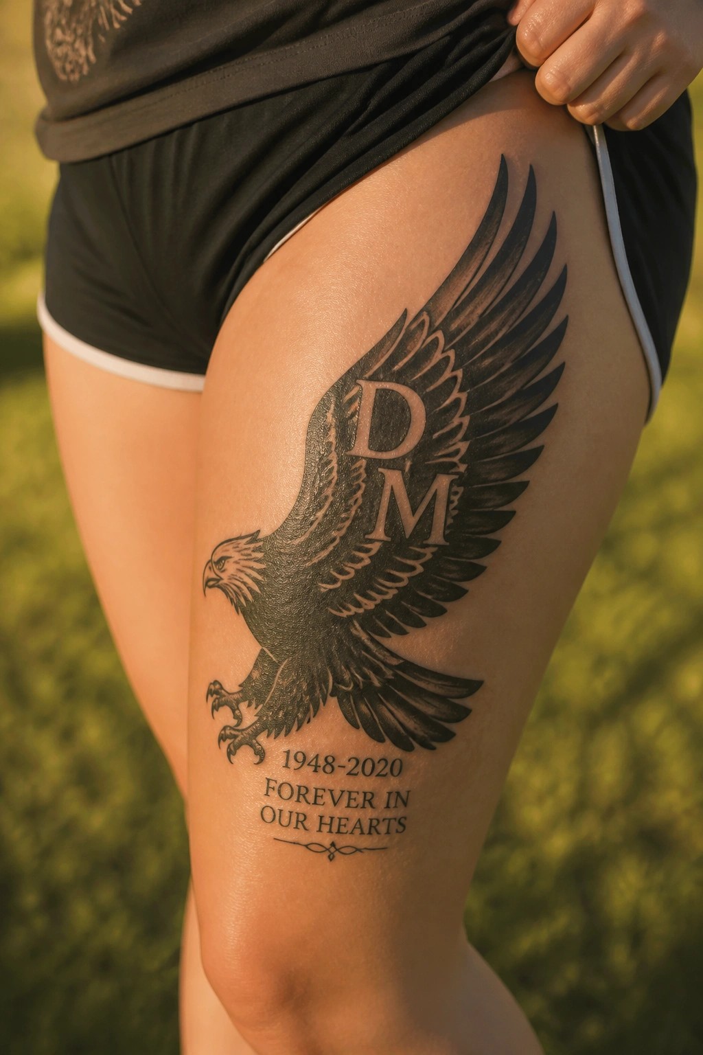 Eagle tattoo with DM on wings above 1948-2020 memorial text on thigh
