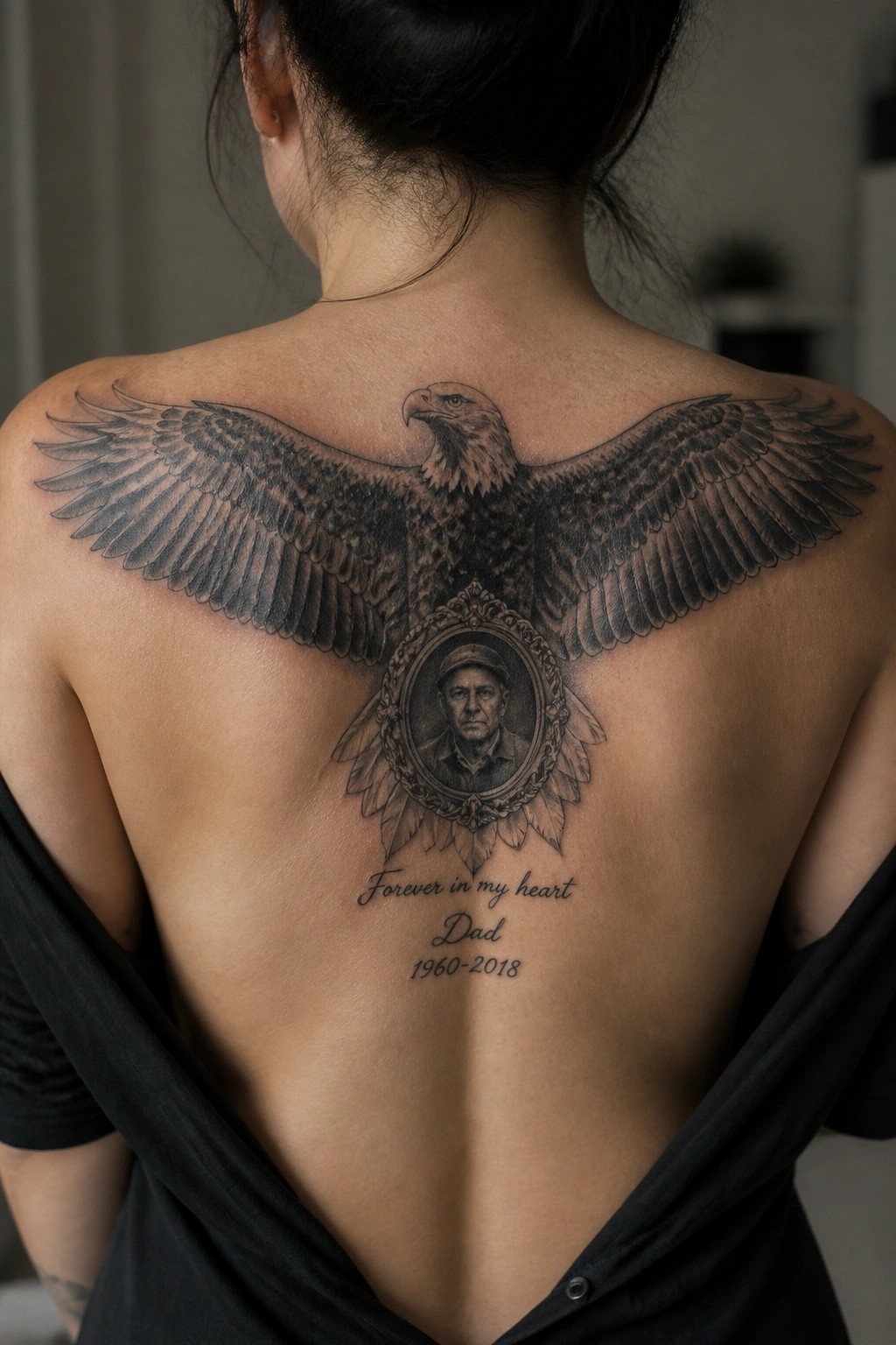 Large eagle tattoo across a woman's upper back with a framed portrait and memorial text below it.