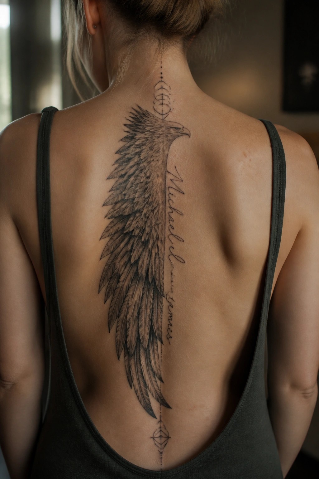 A woman's upper back features a large black and grey eagle tattoo running vertically along the spine, with a name scripted into the feathers and small geometric accents at the top and bottom.