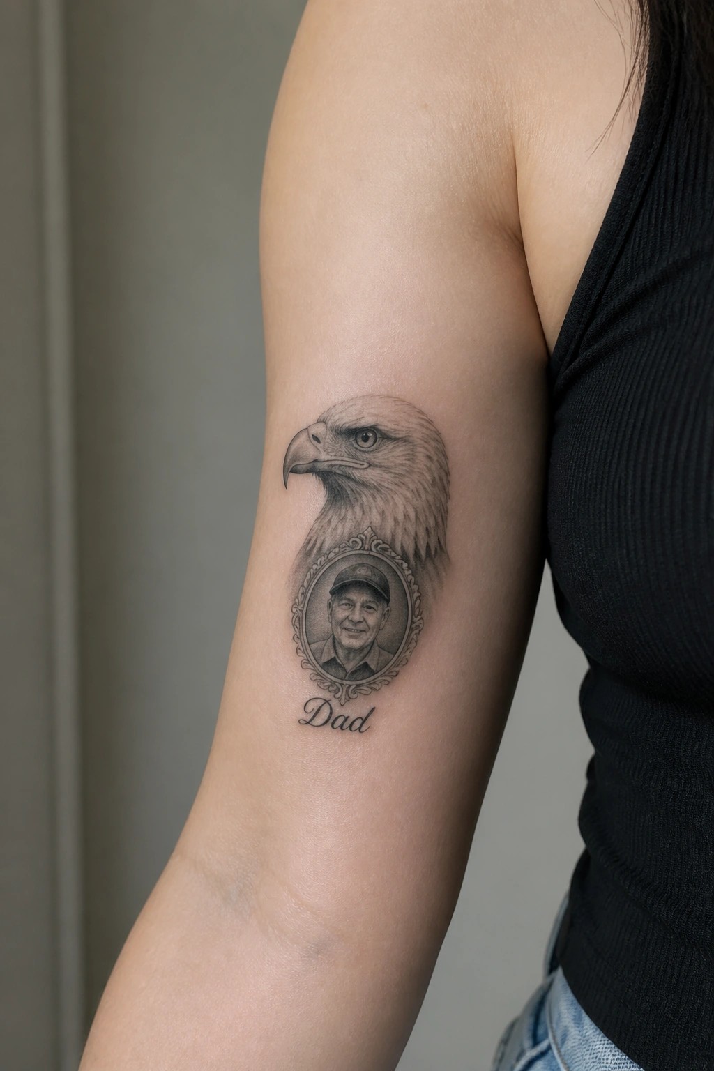 Eagle head tattoo above ornate frame with man's portrait and