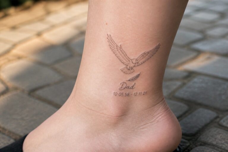 19 Eagle Memorial Tattoo Ideas for Women That Honor Lasting Memories Minimalist line art eagle tattoo on the ankle with Dad and memorial dates below it.
