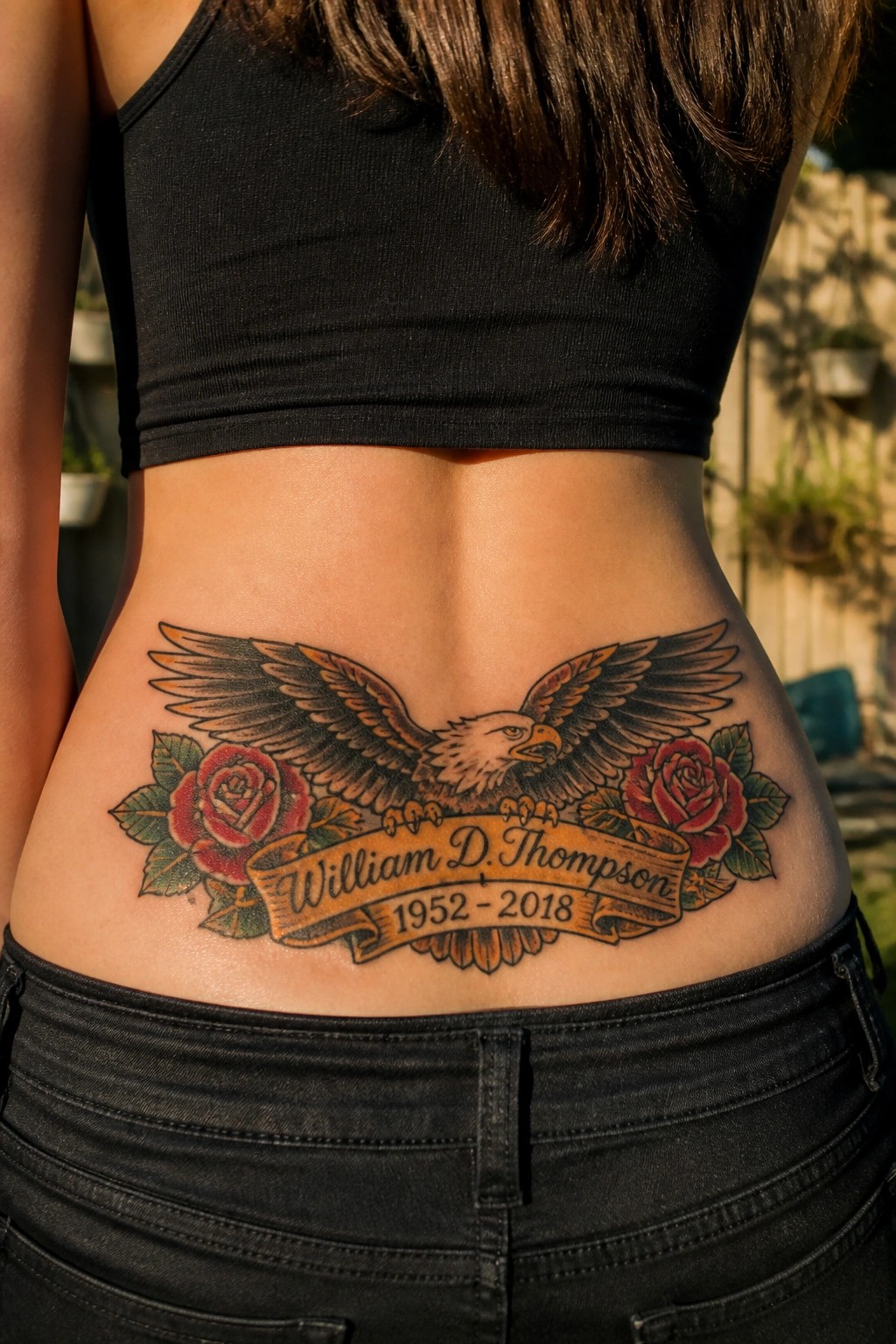 Lower back eagle tattoo with roses and name banner, black crop top and jeans.