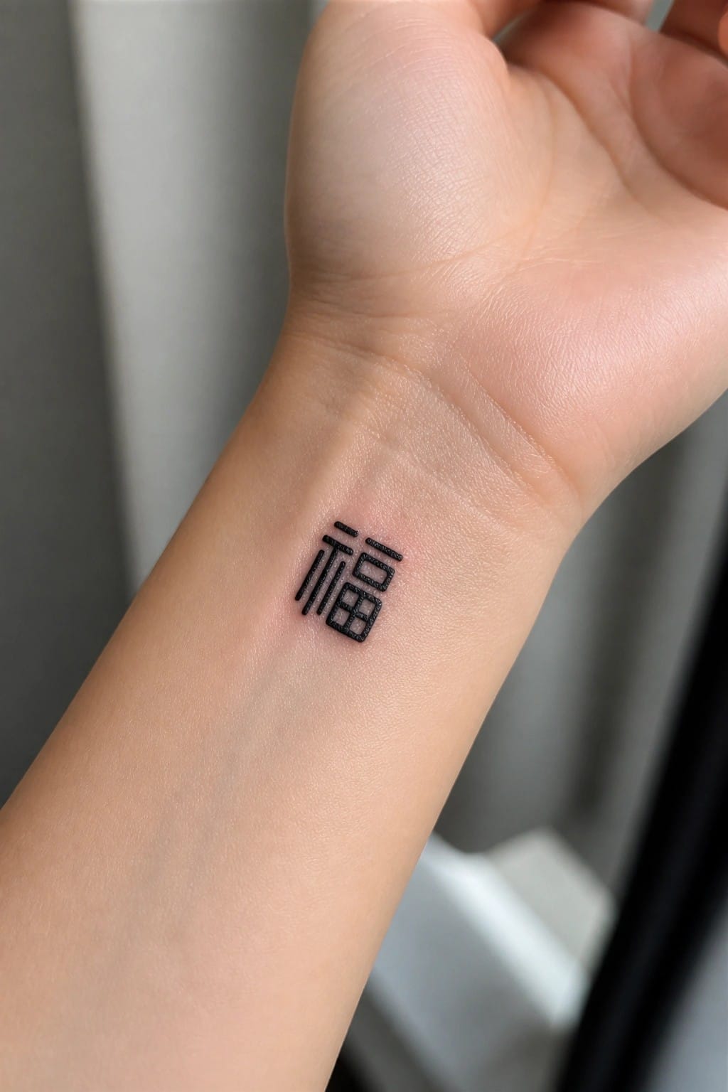 Close-up of light-skinned wrist with small black Chinese character tattoo 福