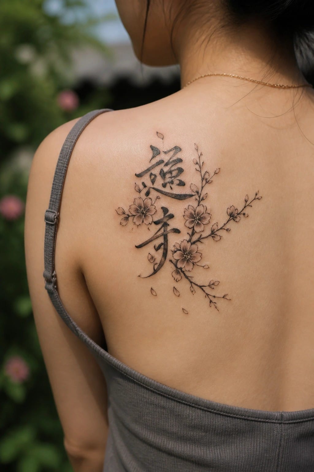 Woman's back with cherry blossom branches and calligraphy tattoo above gray tank top