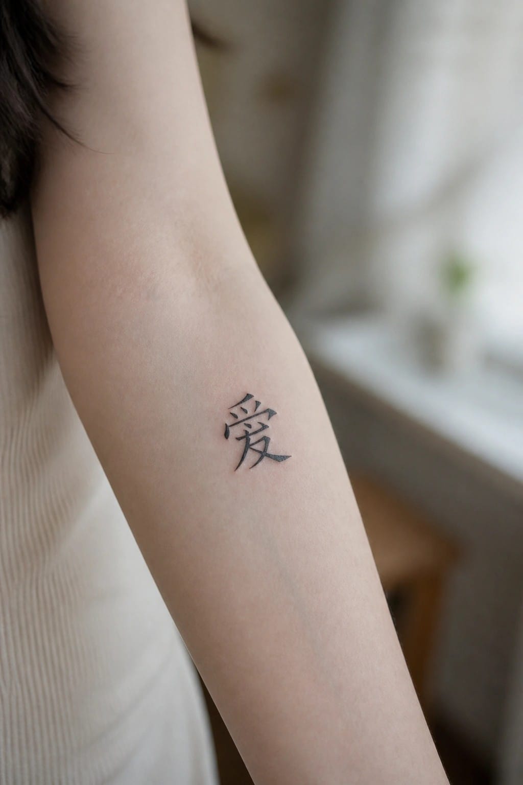 Small Chinese character tattoo meaning love placed on the inner forearm in black calligraphy ink
