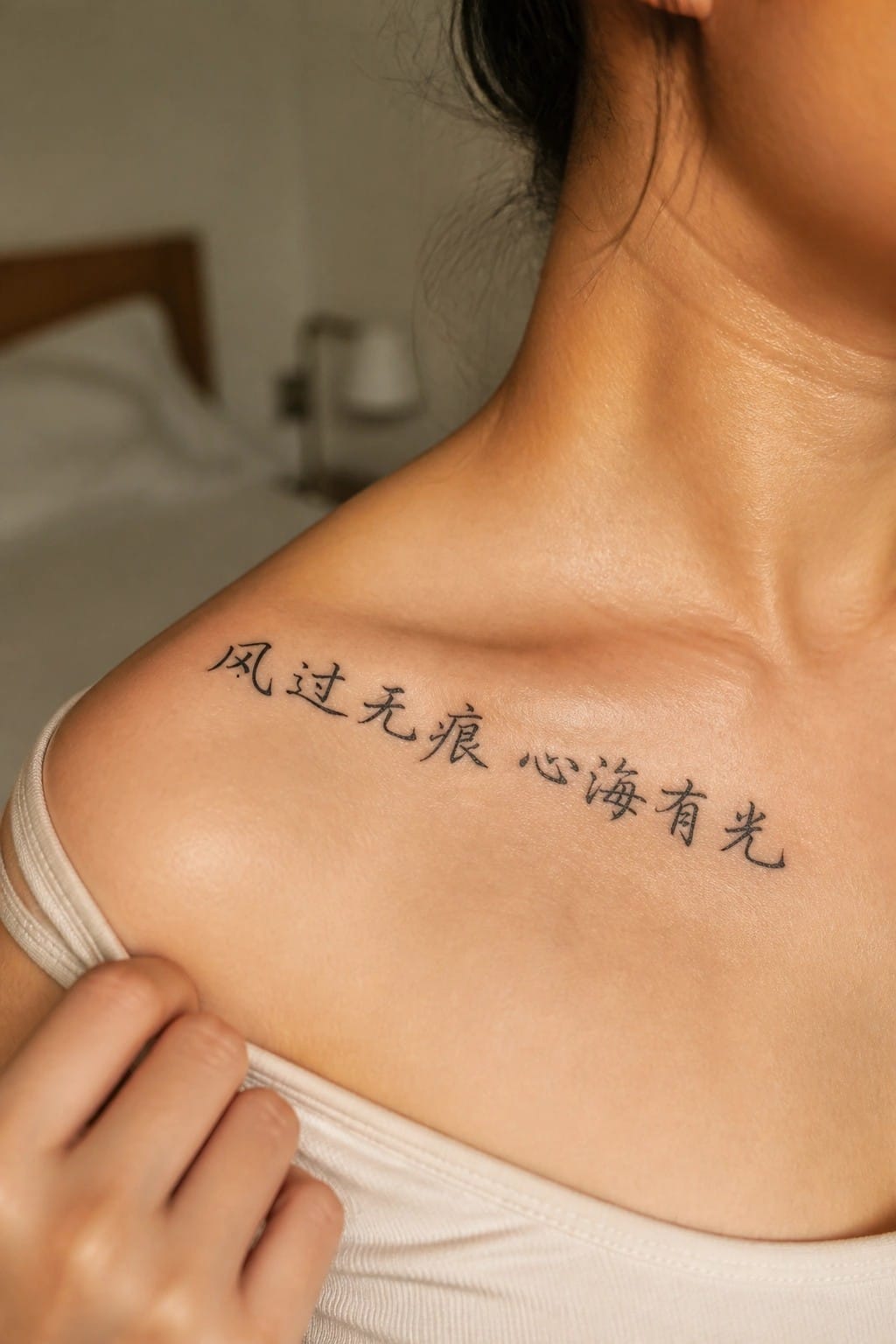 Woman's shoulder with Chinese characters tattoo above white tank top strap