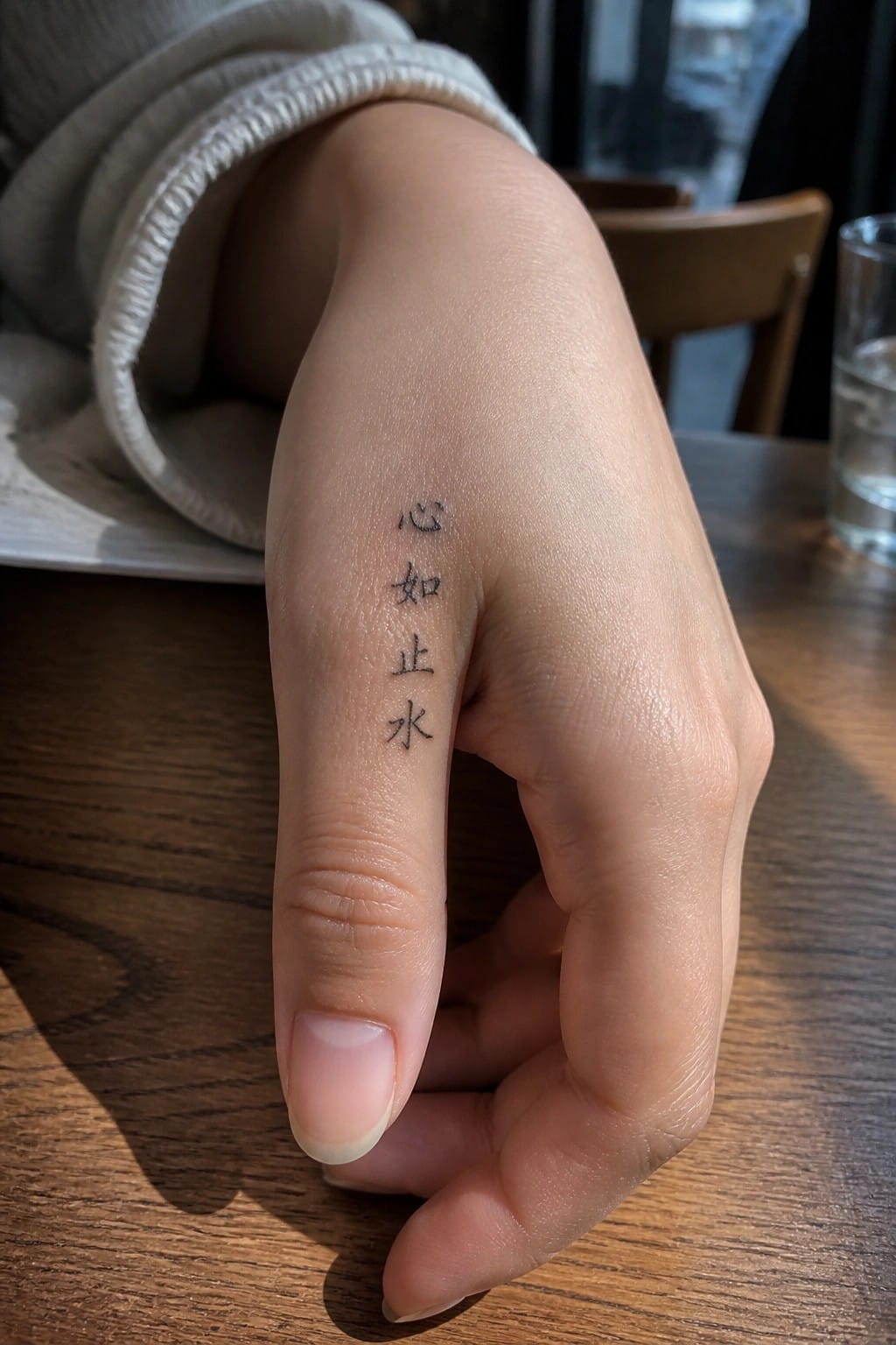Hand with vertical Chinese tattoo on index finger, gray sleeve on wooden table