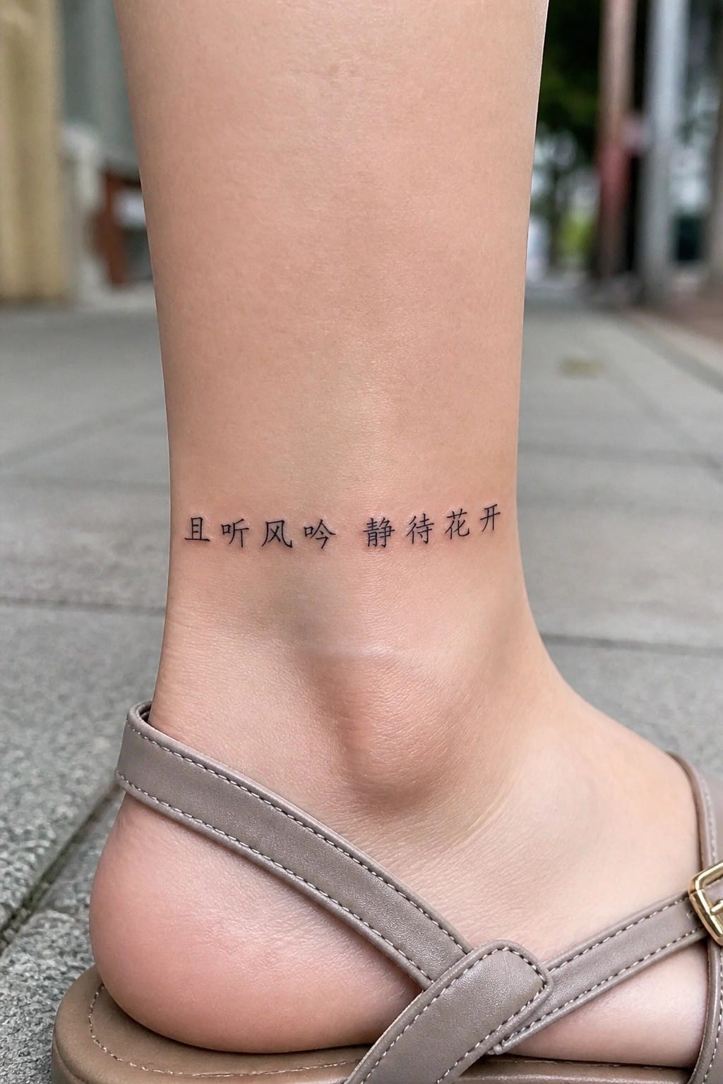 Ankle tattoo of Chinese characters above beige strappy sandal on foot
