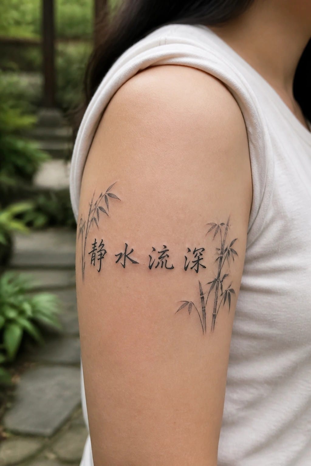 Shoulder tattoo on person in white sleeveless shirt shows black bamboo and Chinese characters.