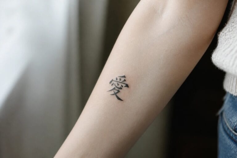 Small Chinese character tattoo meaning love placed on the inner forearm in black calligraphy ink