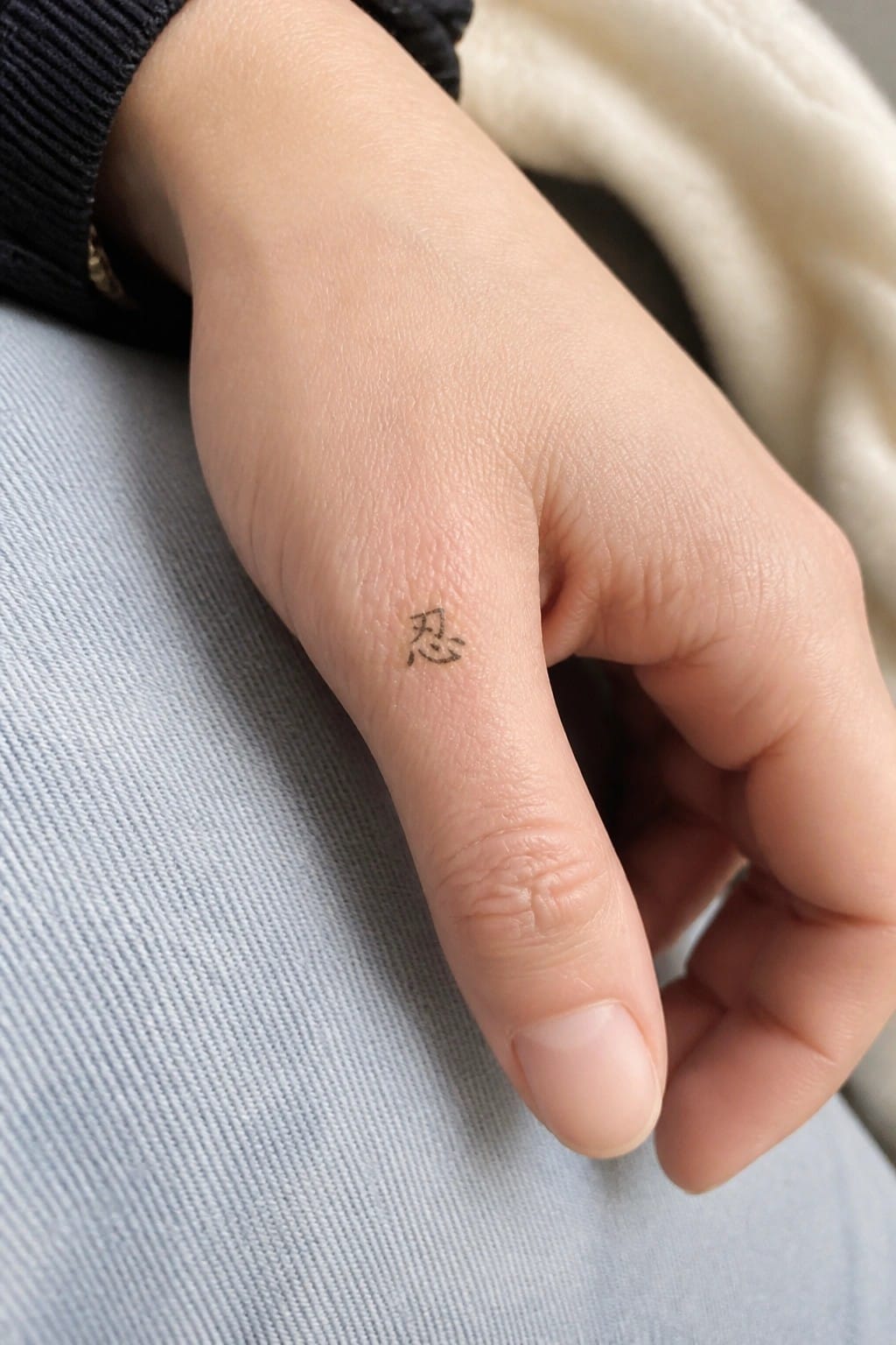 Hand with small black Japanese tattoo on finger resting on light blue fabric