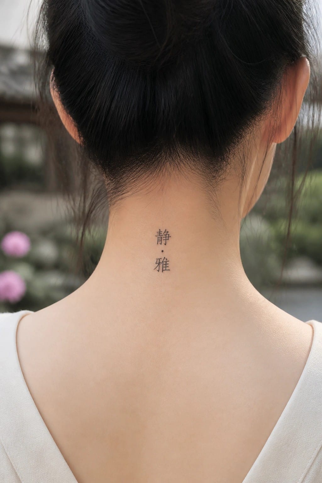 Woman's neck with vertical Chinese tattoo '静·雅', dark bun, white top, blurred flowers behind