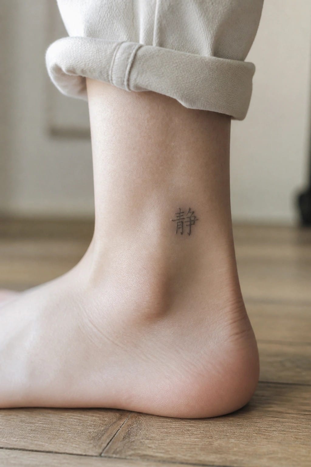 Small Chinese character tattoo on the inner ankle above the heel.