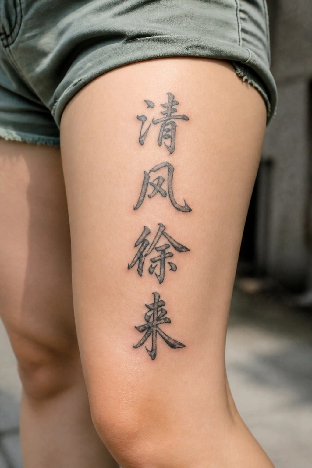 Vertical Chinese calligraphy tattoo with four characters on a woman's thigh