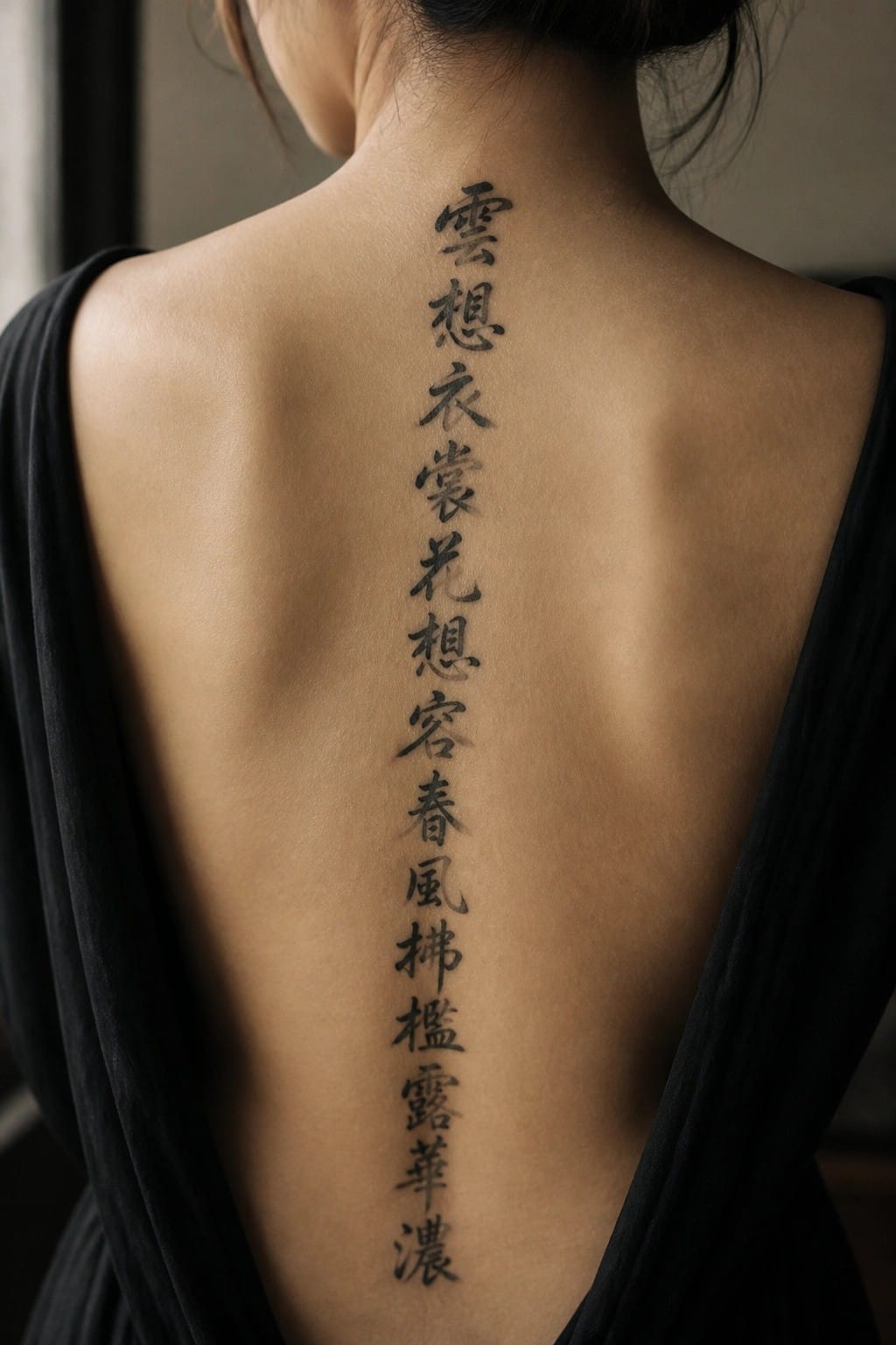 Woman's bare back with vertical Chinese calligraphy tattoo under black open garment.