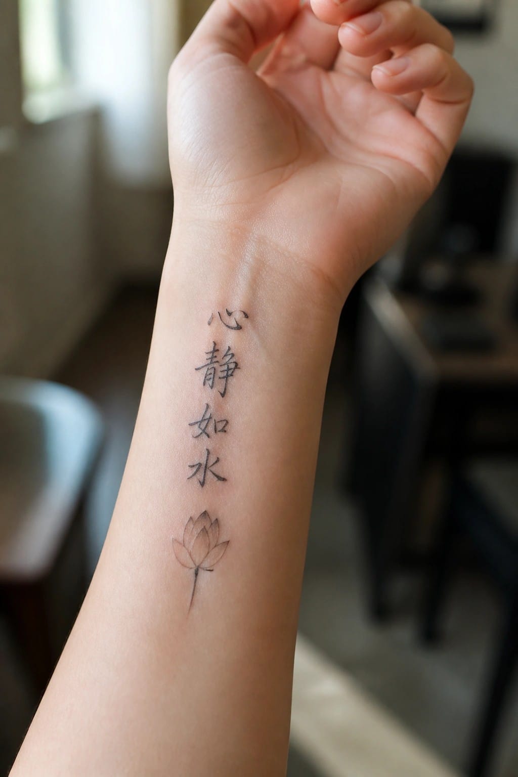 Vertical Chinese calligraphy reading 心靜如水 with a lotus flower below on the inner forearm