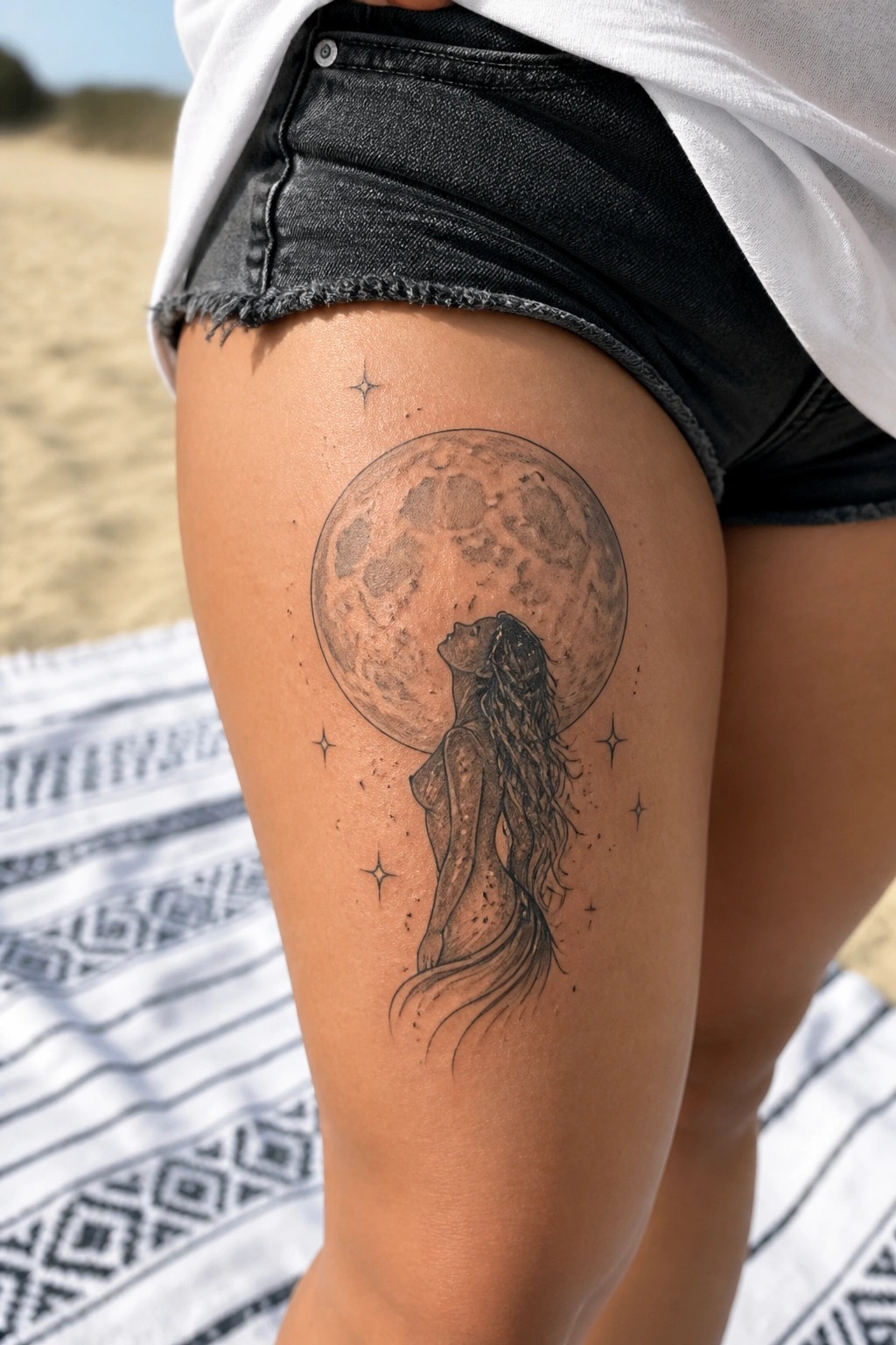 Black and grey tattoo on the upper thigh of a woman showing a large full moon with a nude female figure in front, head tilted back, long hair flowing down, and small stars scattered around.