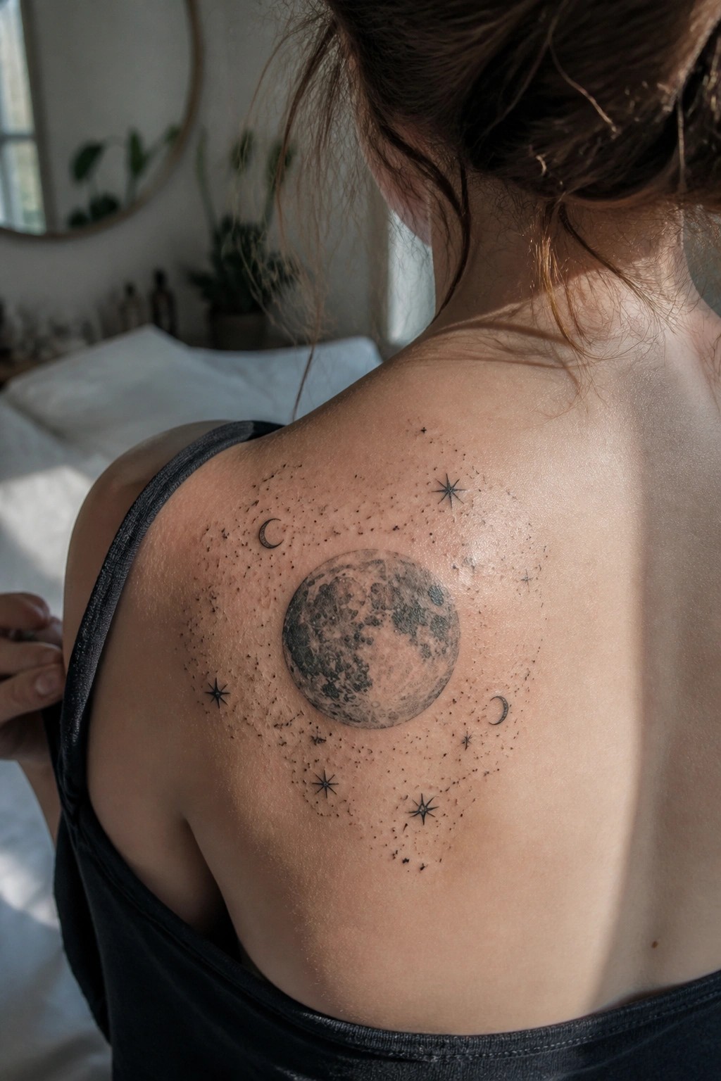 Woman's upper back with large moon and stars tattoo, black tank top visible.