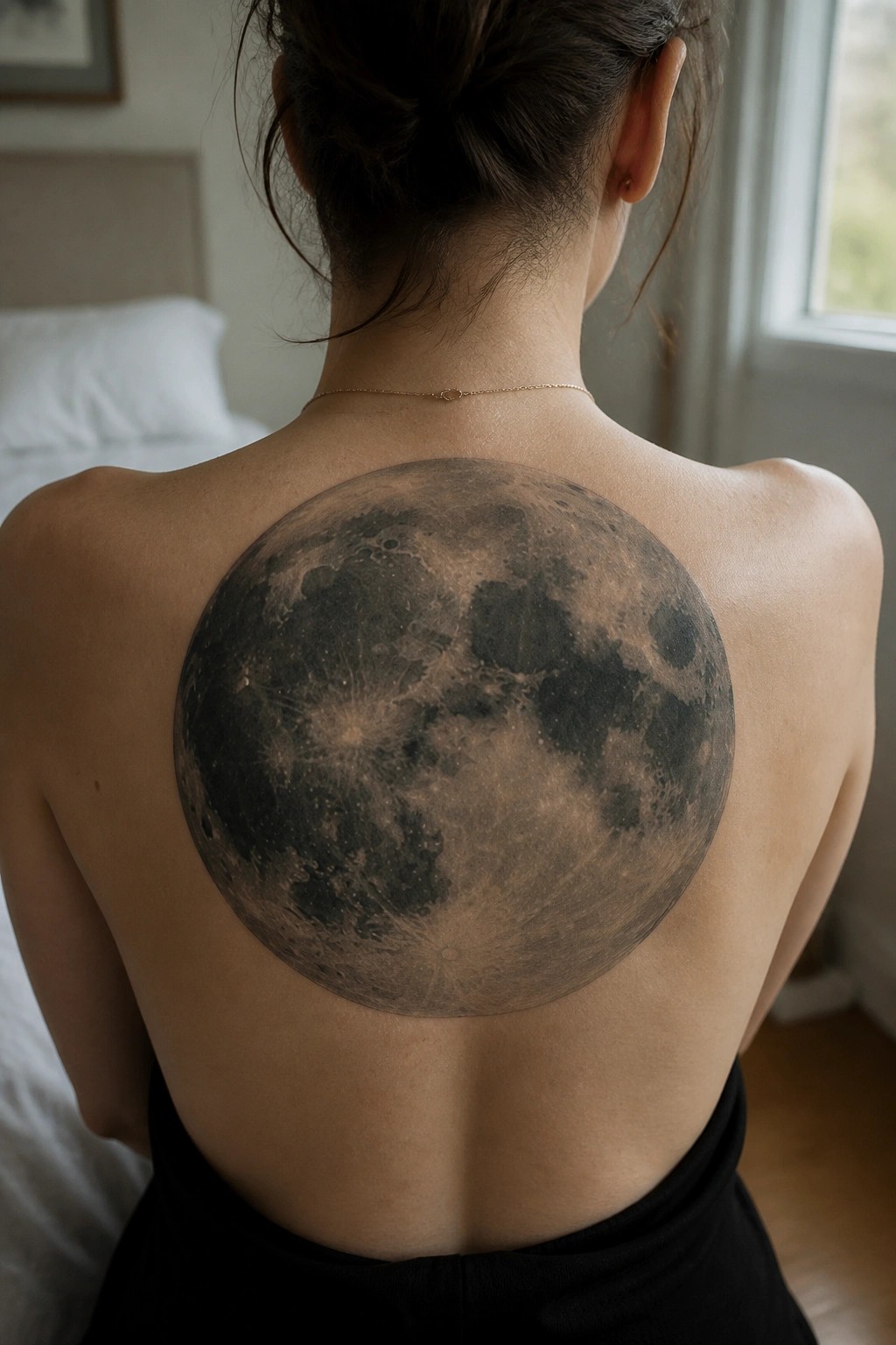 Woman's back with large grayscale moon tattoo, hair in bun, gold necklace, bedroom setting