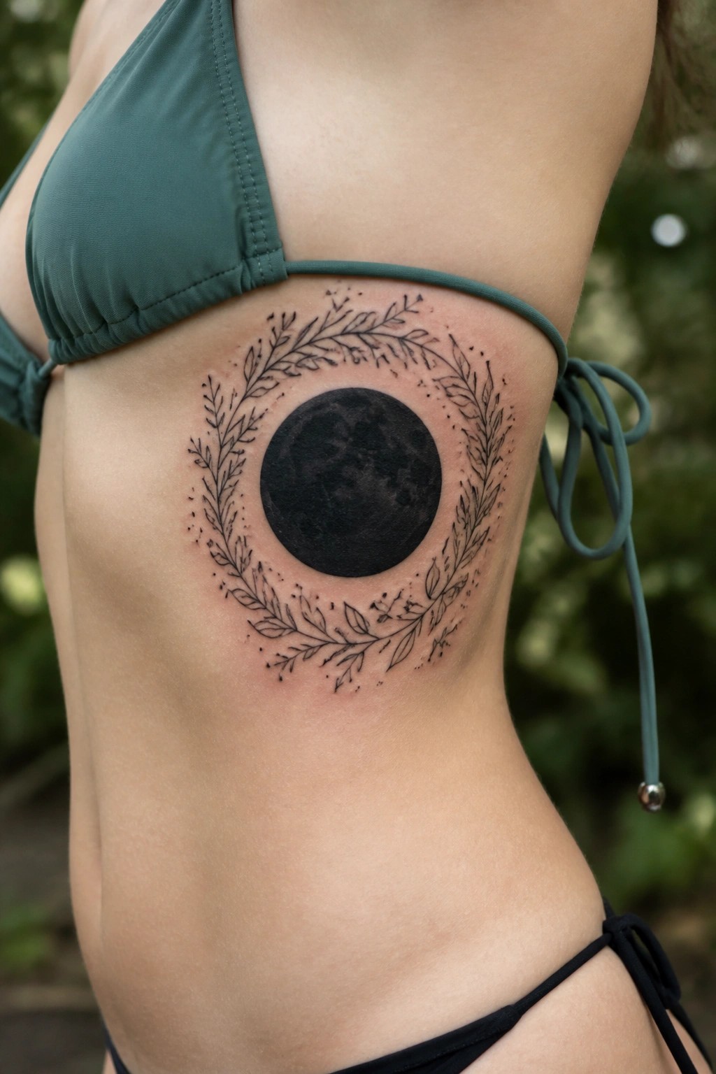 Black moon tattoo with leafy wreath on green bikini torso