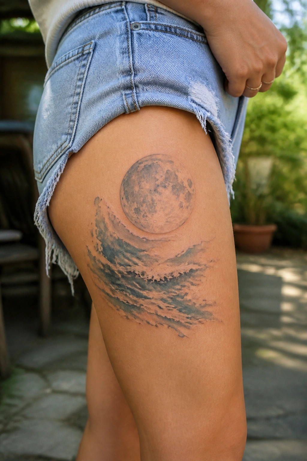 Moon tattoo with waves on thigh under frayed denim shorts
