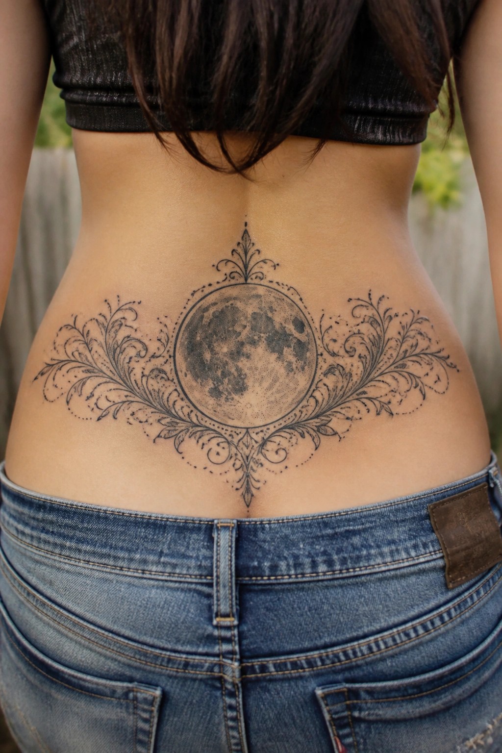 Woman's lower back tattoo showing a shaded full moon with symmetrical ornamental flourishes in black ink above the waistband of jeans