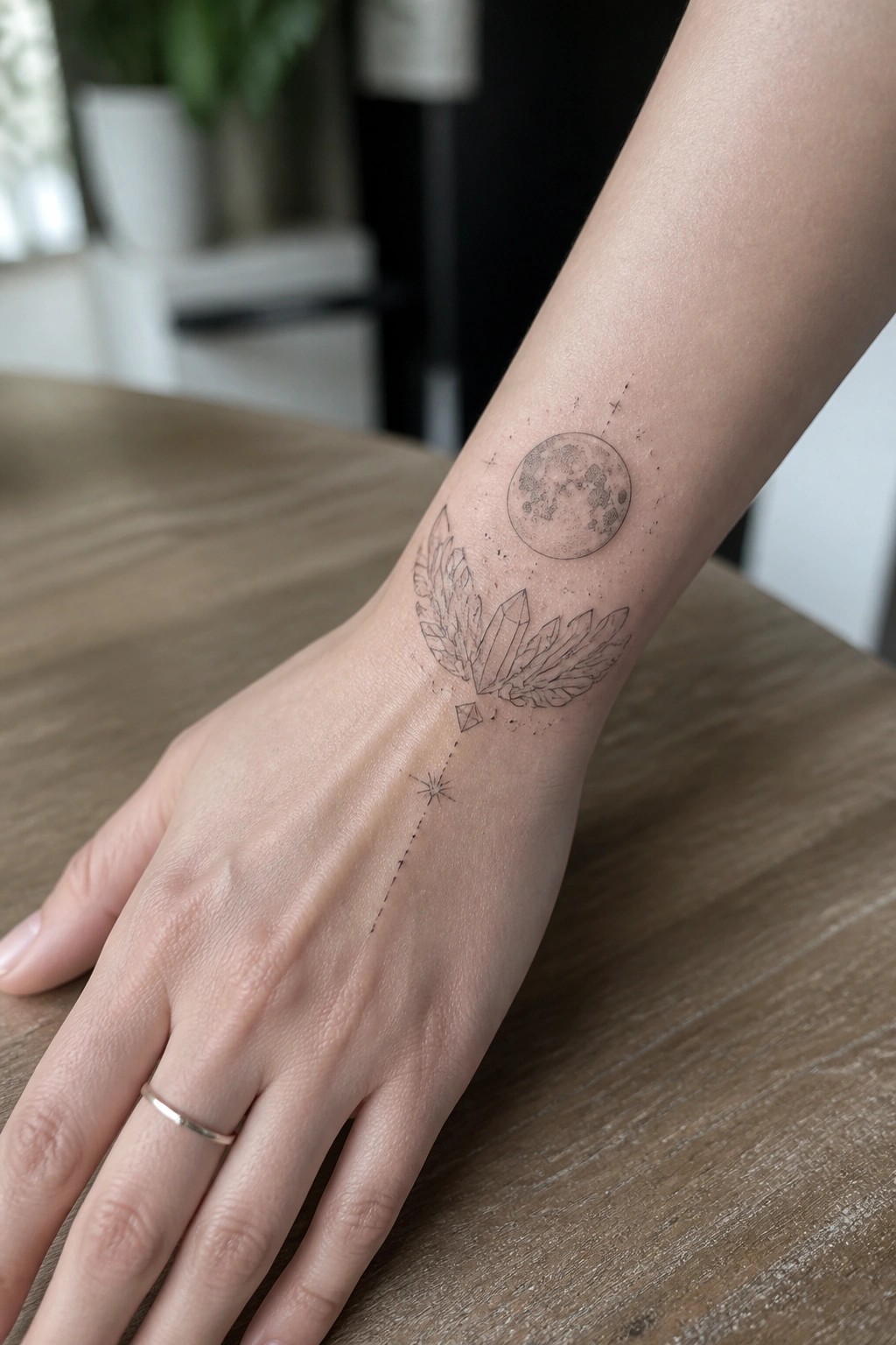 Hand with moon crystal leaf tattoo, dotted line, and thin silver ring on wood.