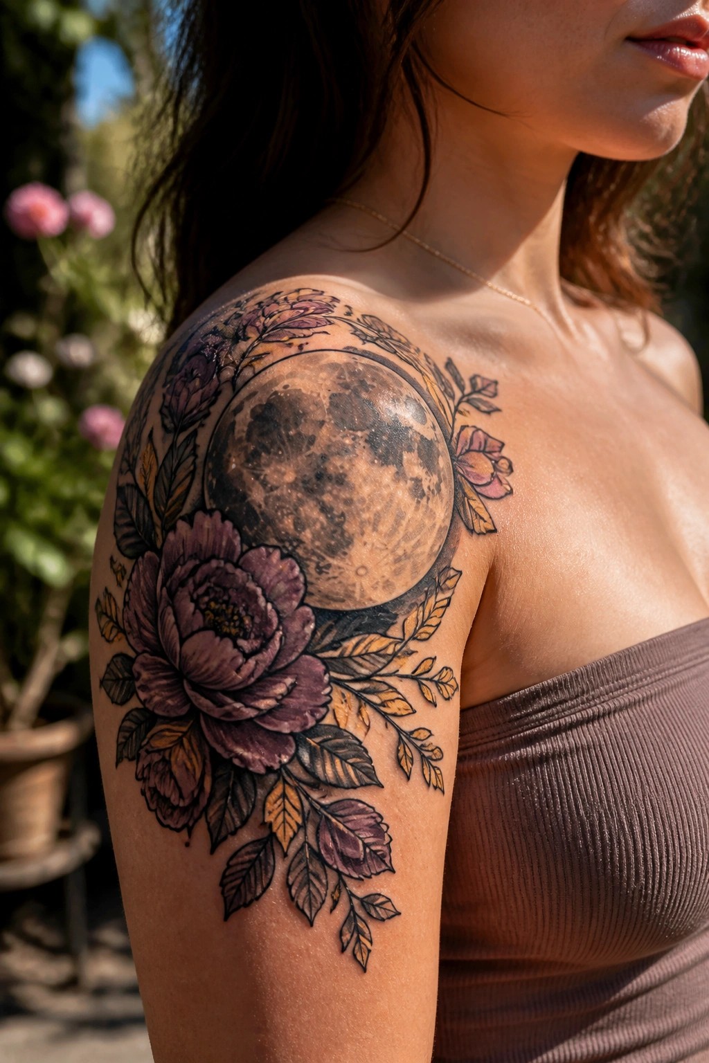Realistic full moon tattoo with purple flowers and leaves covering a woman's upper arm and shoulder.