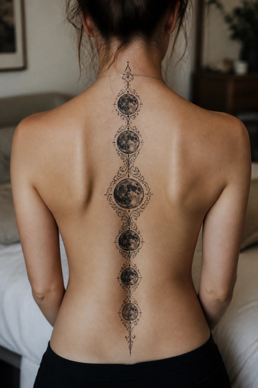 A black and grey tattoo showing moon phases in a vertical line down a woman's spine with ornate borders around each phase.