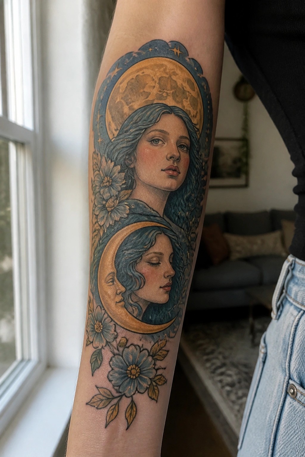 Colorful arm tattoo of two blue-haired women with moons and blue flowers.