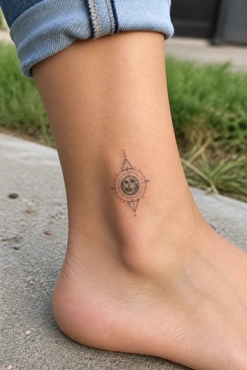 Rolled-up blue jeans above moon tattoo with geometric lines on bare ankle.