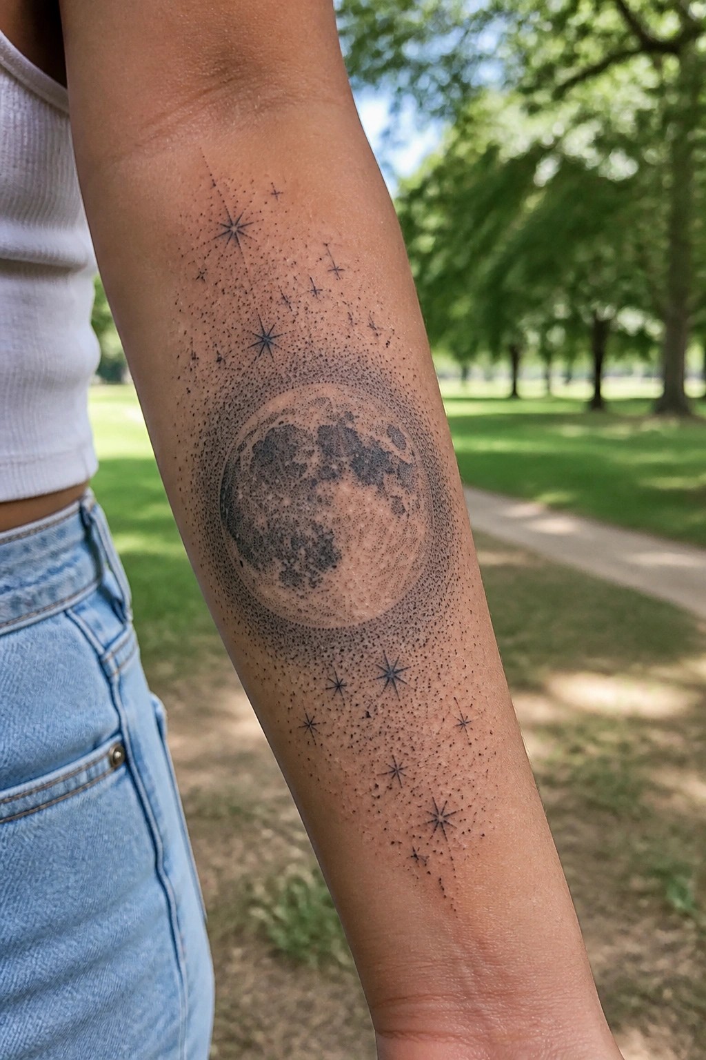 Black and gray dotwork tattoo of a full moon with stars on the inner forearm