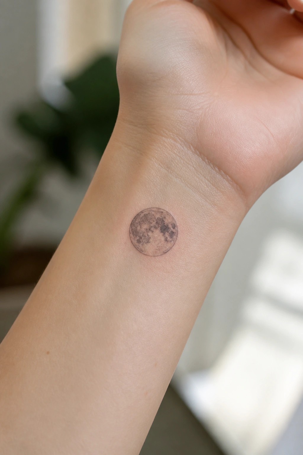 Small shaded moon tattoo placed on the inner wrist.