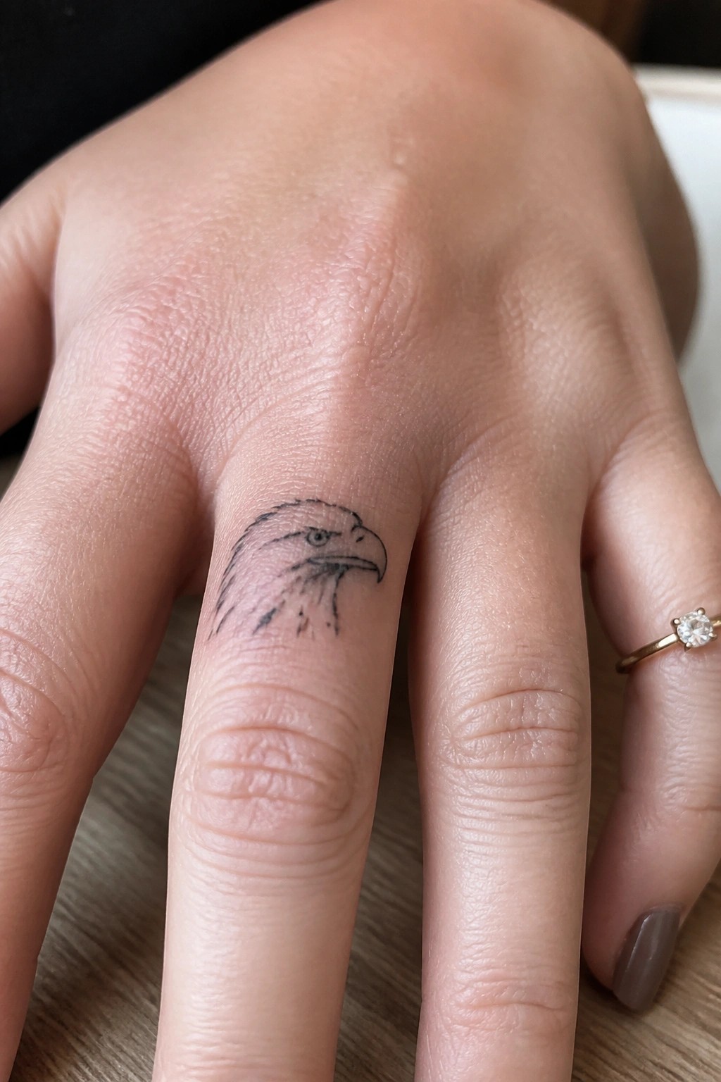 Light-skinned hand with black eagle head tattoo and gold diamond ring