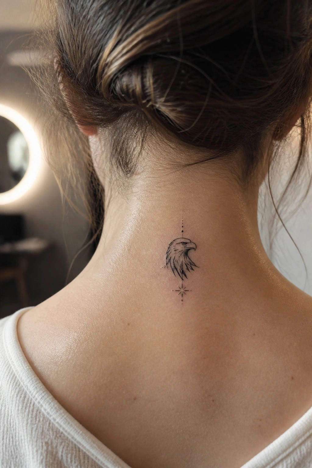 Small fine line eagle head tattoo on the back of a woman's neck with a dotted accent above and a star below.