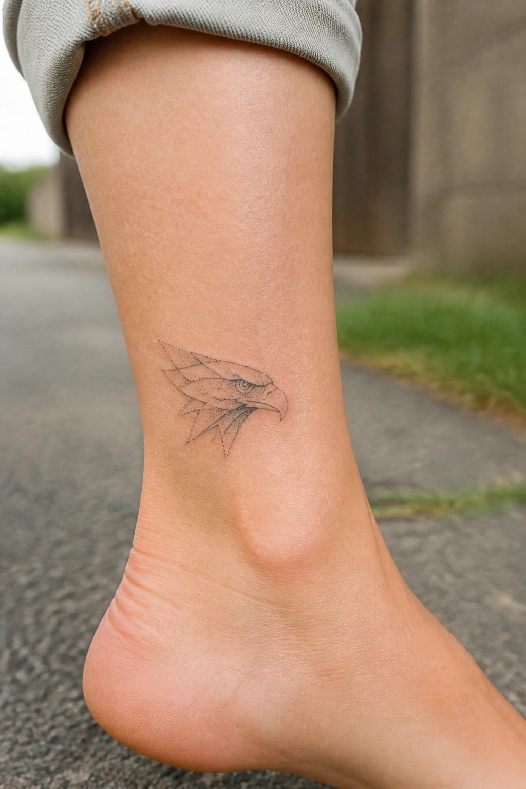 Small geometric eagle head tattoo on the ankle in black linework
