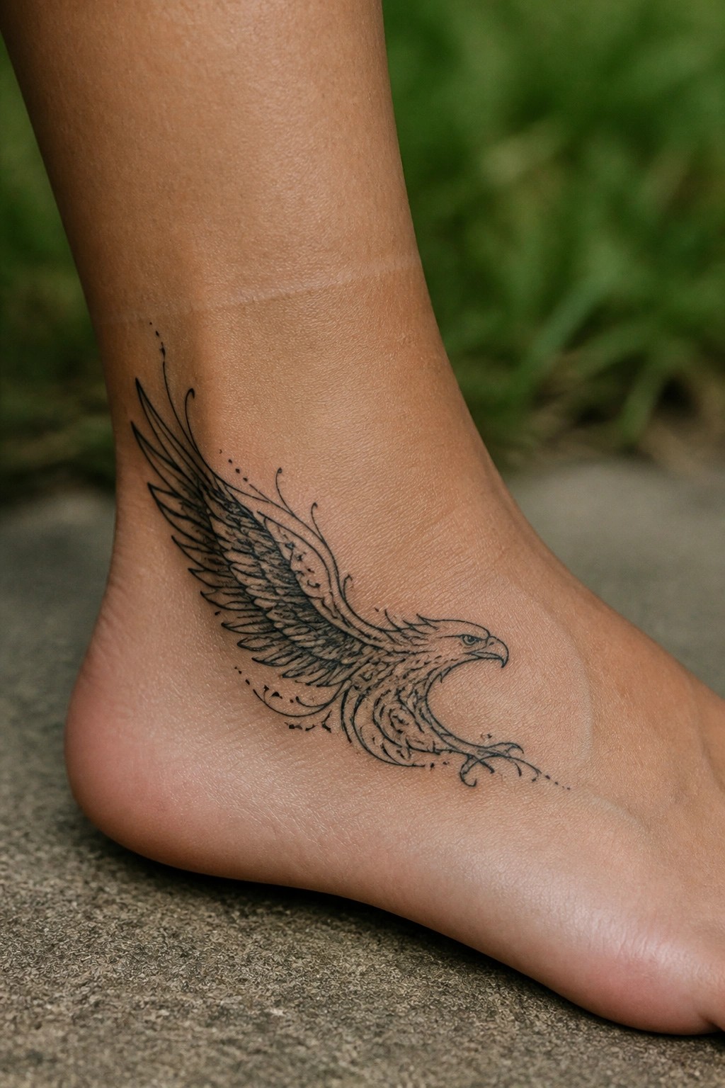 Ornate black eagle tattoo with spread wings on bare ankle and foot.