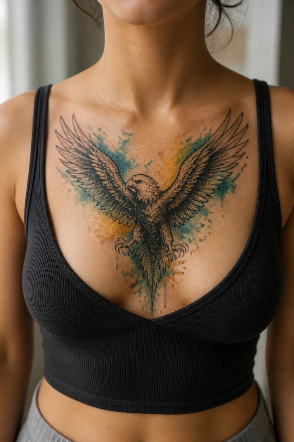 Large eagle tattoo with spread wings centered on a woman's chest in black ink with blue and orange watercolor accents.